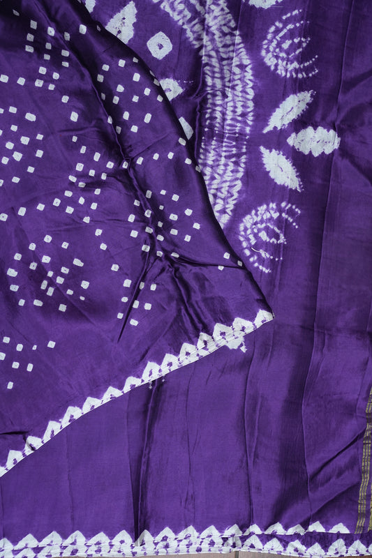 Pure Gajji Silk Bandhani Saree – Royal Purple with Spiral Bandhej Pallu & Gold Tissue Border