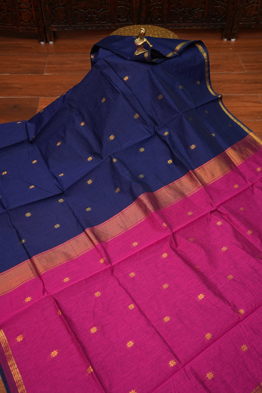 Semi Maheshwari Silk Cotton Saree – Navy Blue & Rani Pink with Zari Buttas