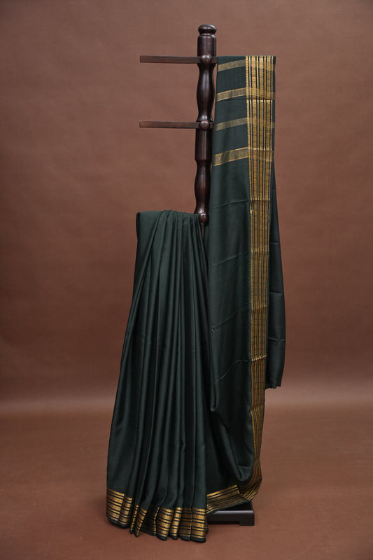 Pure Crepe Mysore Silk Saree - Deep Bottle Green With Gold Zari Border