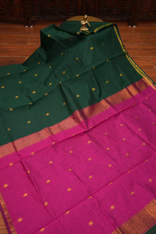 Semi Maheshwari Silk Cotton Saree – Bottle Green & Magenta with Zari Buttas