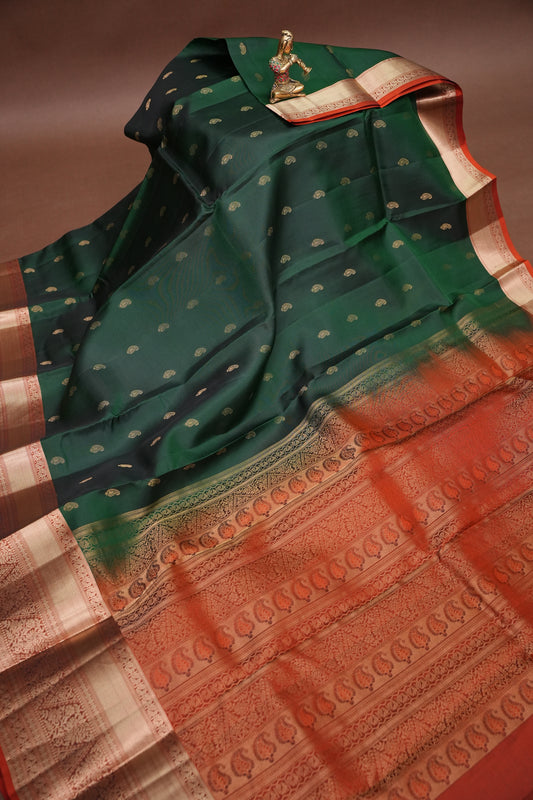 Pure Kanchivaram Silk Saree - Bottle Green with Rust Orange