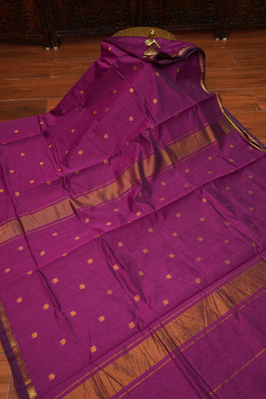 Semi Maheshwari Silk Cotton Saree – Magenta Purple with Zari Buttas