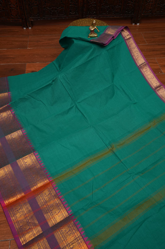 Pure Kanchi Cotton Saree with Traditional Zari Border – Emerald Green & Magenta