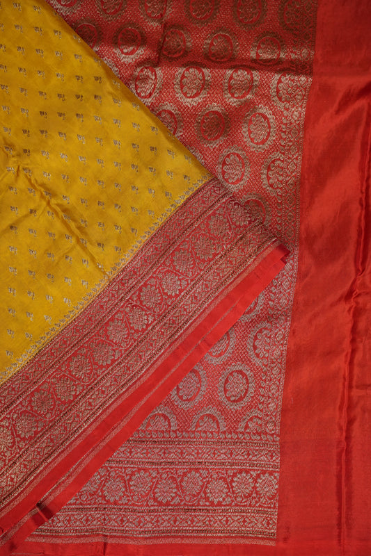 Pure Georgette Banarasi Silk Saree – Mustard Yellow with Rich Red Zari Border