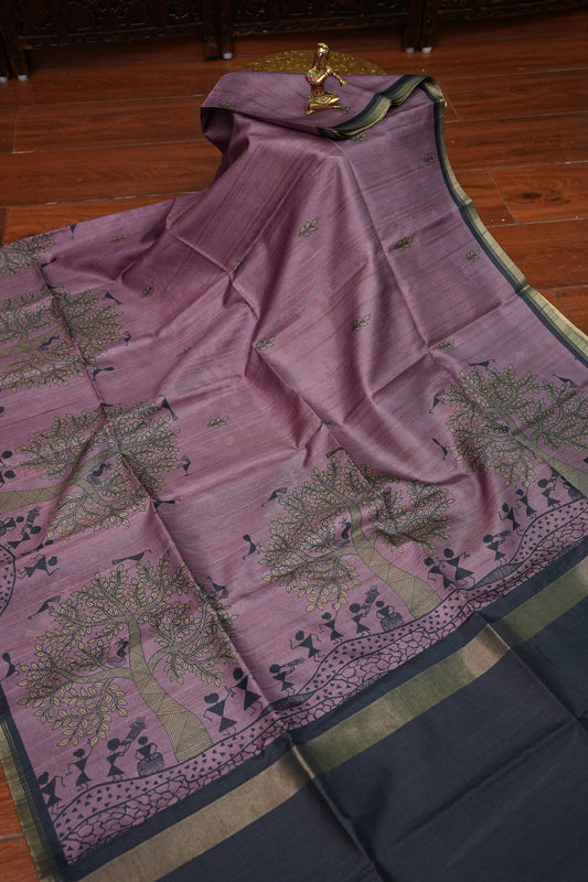 Semi Tussar Saree with Digital Warli Print & Piping Border – Dusty Mauve
