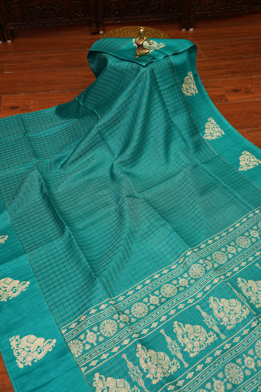Semi Tussar Saree with Checkered Body & Elephant Motifs – Turquoise Blue