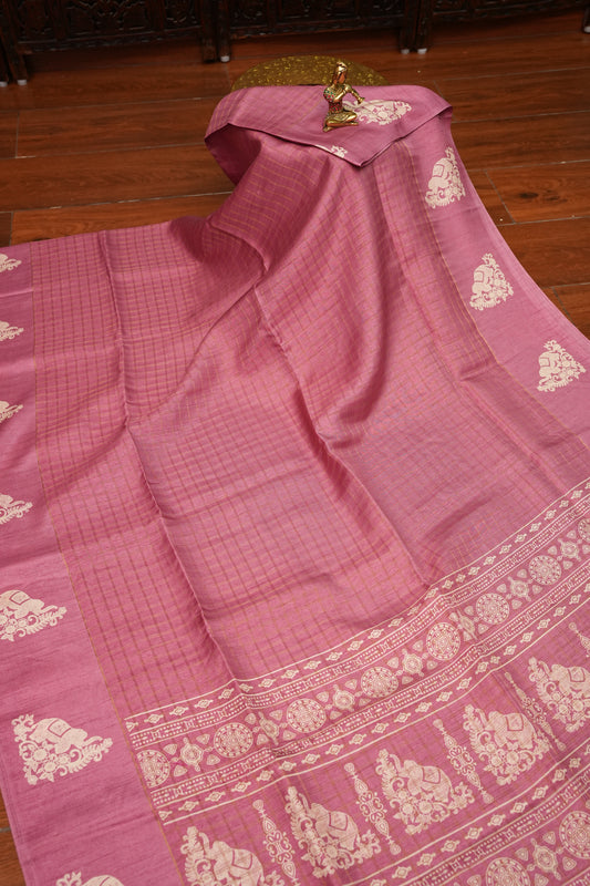 Semi Tussar Saree with Checkered Body & Elephant Motifs – Dusty Rose Pink