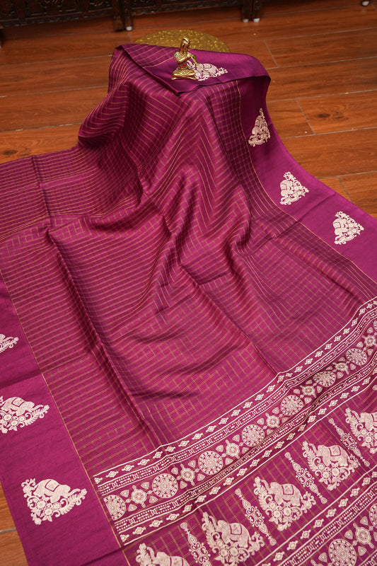 Semi Tussar Saree with Checkered Body & Elephant Motifs – Wine Magenta