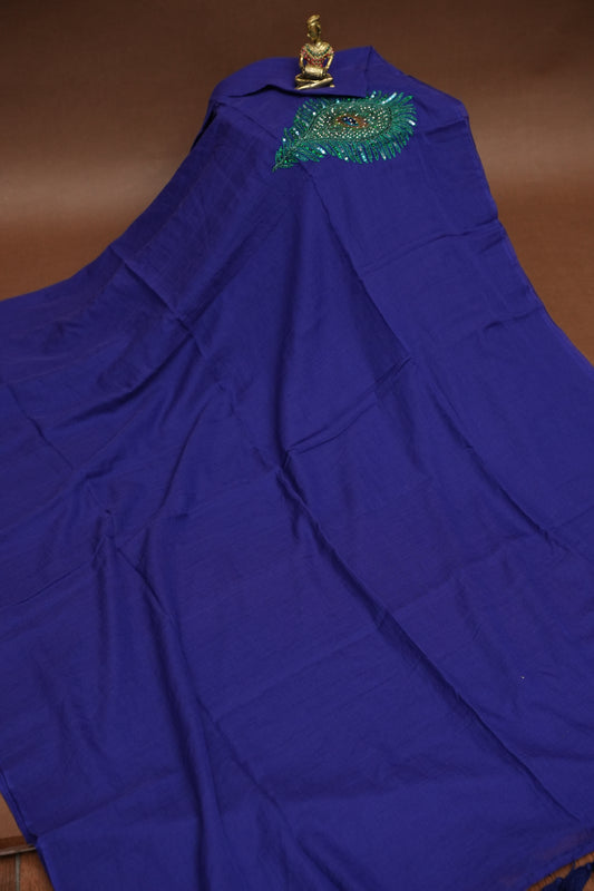 Royal Blue Mul Mul Cotton Party Wear Saree with Handcrafted Peacock Feather Embellishment