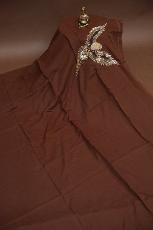 Chocolate Brown Mul Mul Cotton Party Wear Saree with Handcrafted Flying Eagle Embellishment