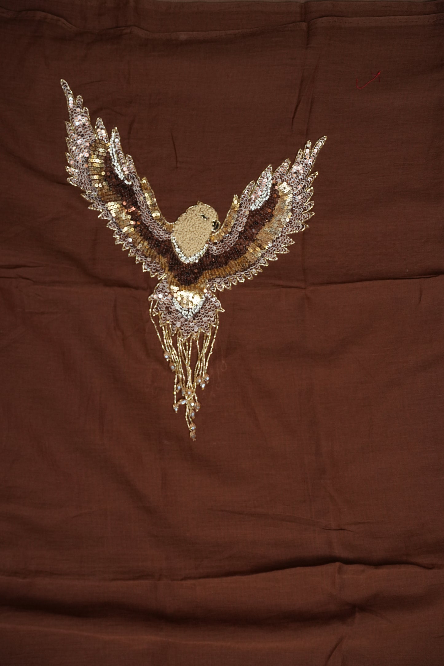 Chocolate Brown Mul Mul Cotton Party Wear Saree with Handcrafted Flying Eagle Embellishment