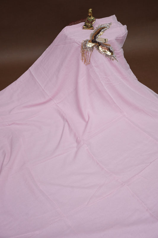 Blush Pink Mul Mul Cotton Party Wear Saree with Handcrafted Flying Eagle Embellishment