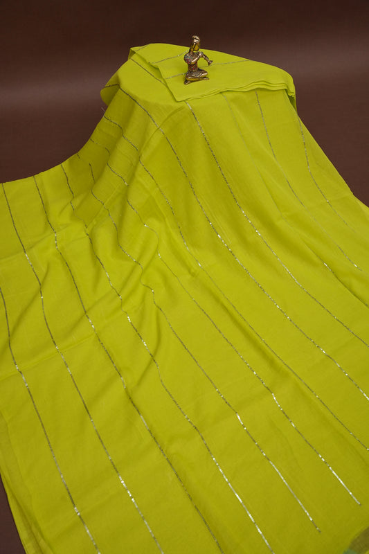 Mulmul Cotton Saree with Tassels - Parrot Green