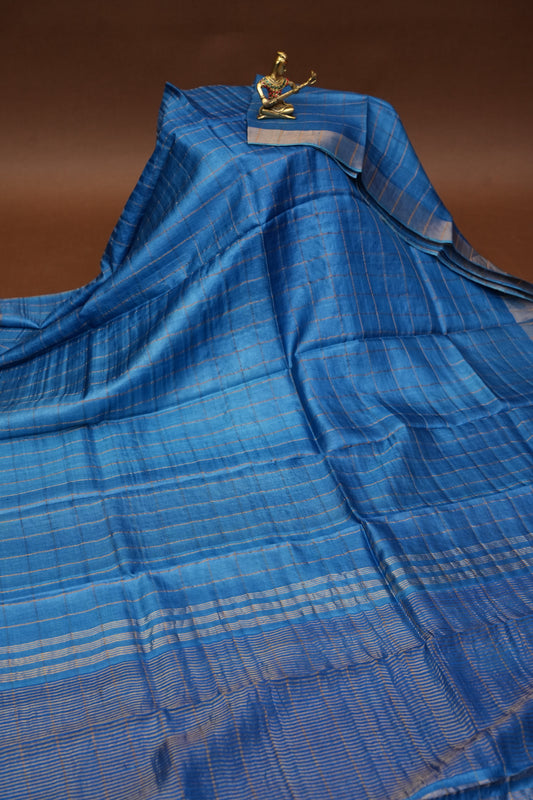 Pure Tussar Silk Saree with Handpainted Blouse-Blue