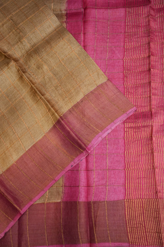 Pure Tussar Silk Saree with Hand-Painted Kalamkari Blouse | Silk Mark Certified