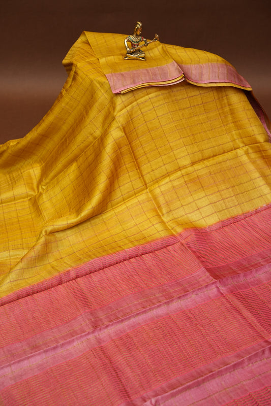 Pure Tussar Silk Saree with Handpainted Blouse-Yellow