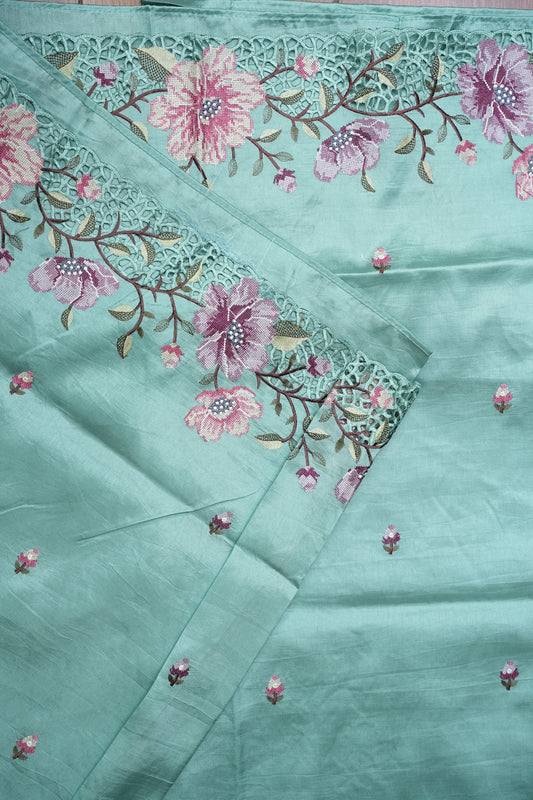 Party Wear Embroidered Soft Organza Saree– Aqua Mint Floral Elegance