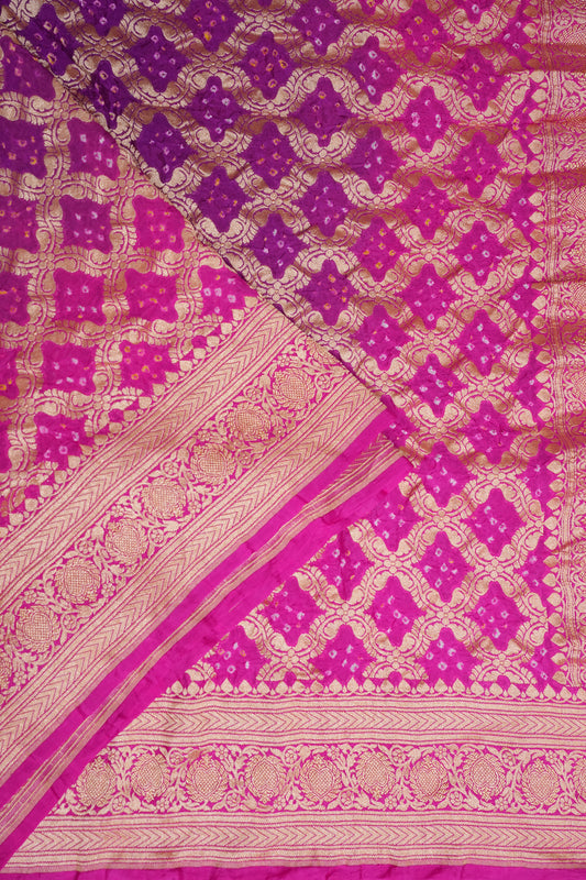 Purple & Hot Pink Ombre-Pure Georgette Handloom Banaras Neem Zari Bandhej Saree.