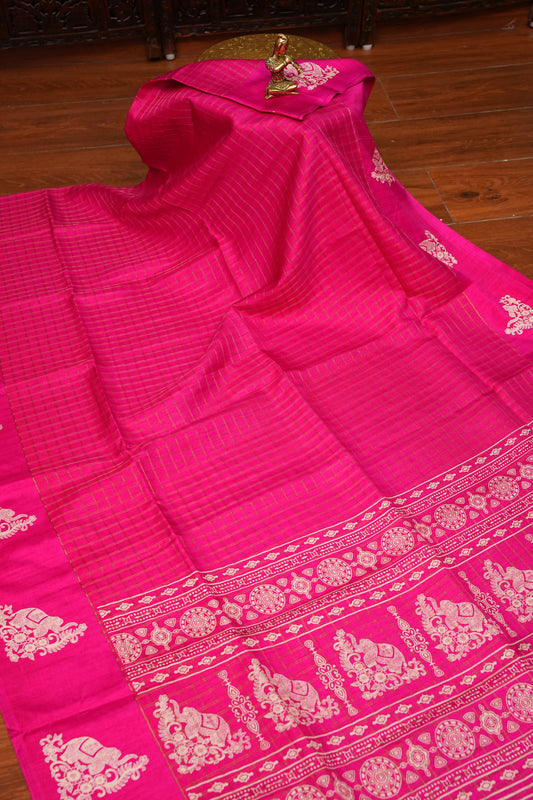 Semi Tussar Saree with Checkered Body & Elephant Motifs – Rani Pink