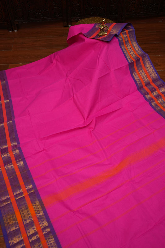 Pure Kanchi Cotton Saree – Rani Pink with Purple & Orange Zari Border