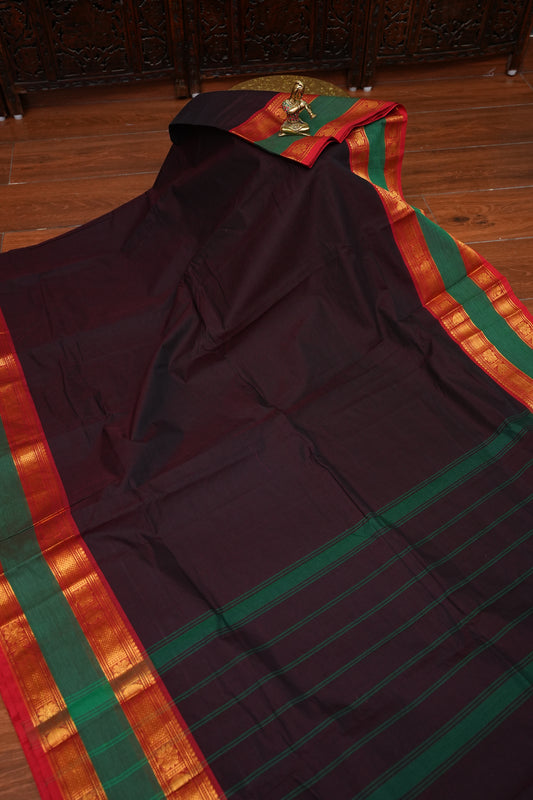 Pure Kanchi Cotton Saree – Deep Black Brown with Green & Red Zari Border