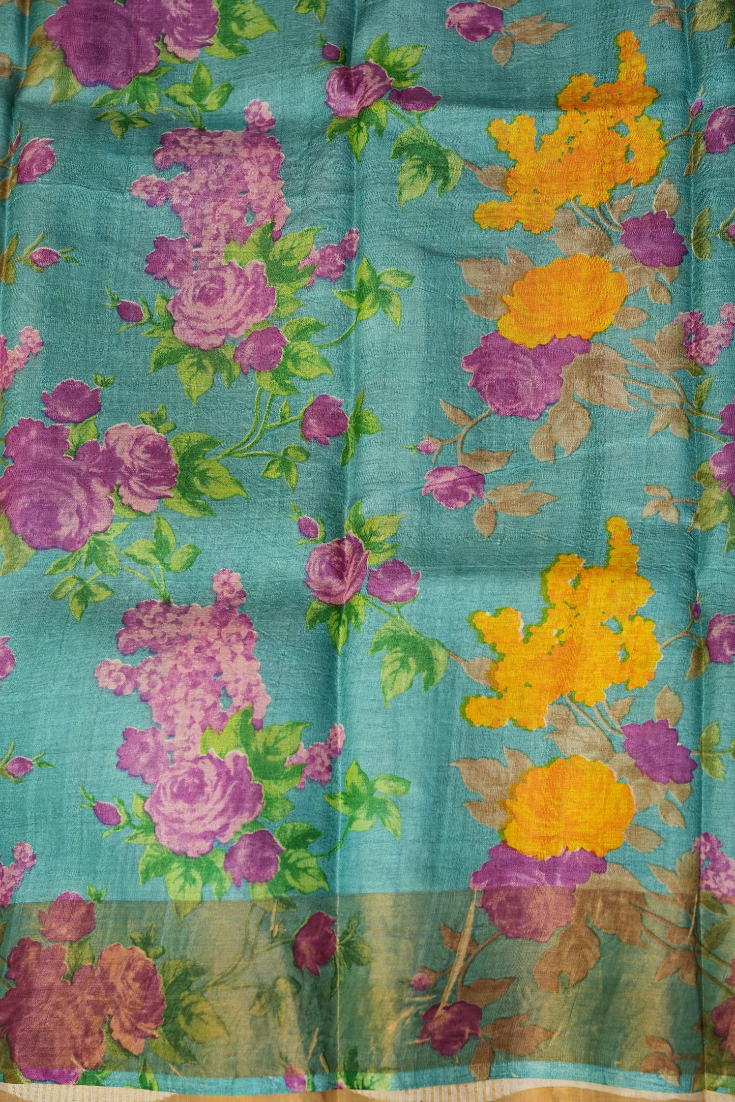 Floral Printed Pure Tussar Silk Saree-Half white|Silk Mark Certified