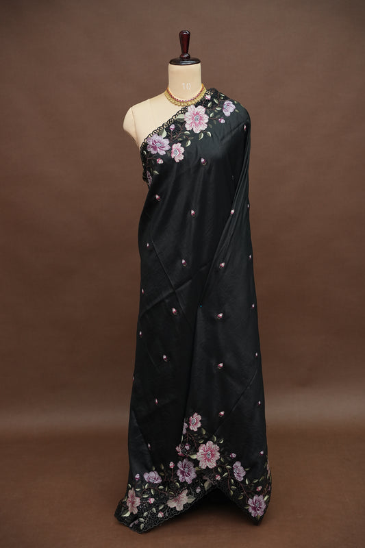Party Wear Embroidered Soft Organza Saree – Classic Black Floral Elegance