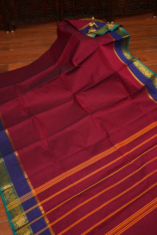 Pure Kanchi Cotton Saree – Deep Maroon with Peacock Green Zari Border