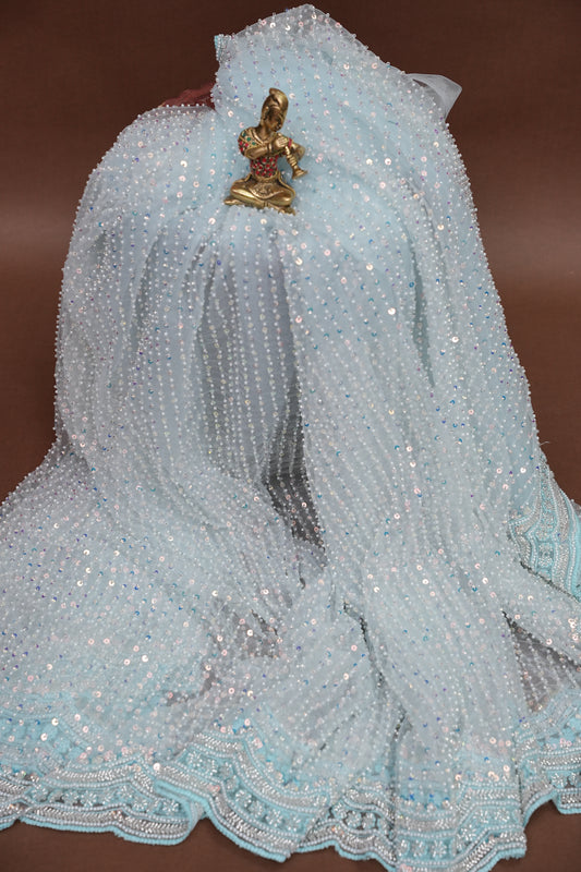 Party Wear Saree with All-Over Bead & Sequin Embellishments - Ice Blue