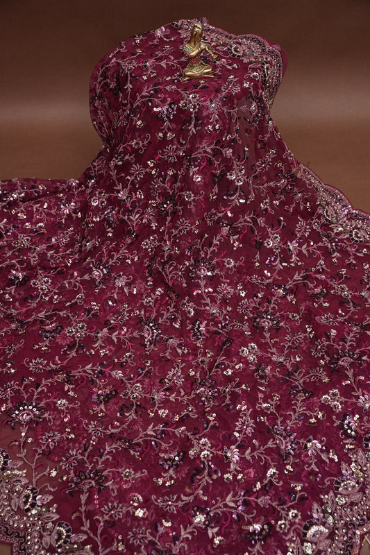 Party Wear Net Saree with Embroidery & Sequin Work - Burgundy
