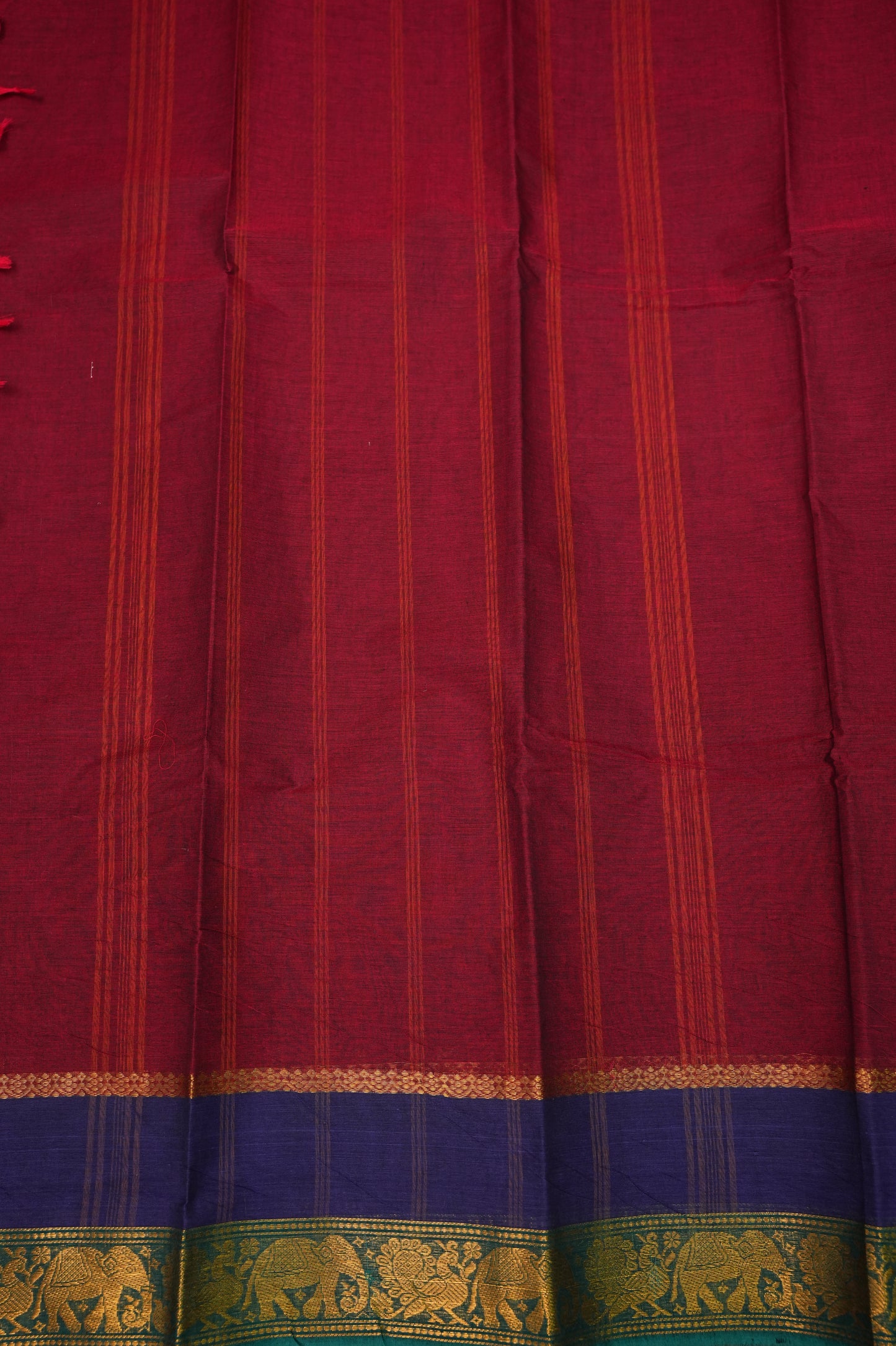 Pure Kanchi Cotton Saree – Deep Maroon with Peacock Green Zari Border