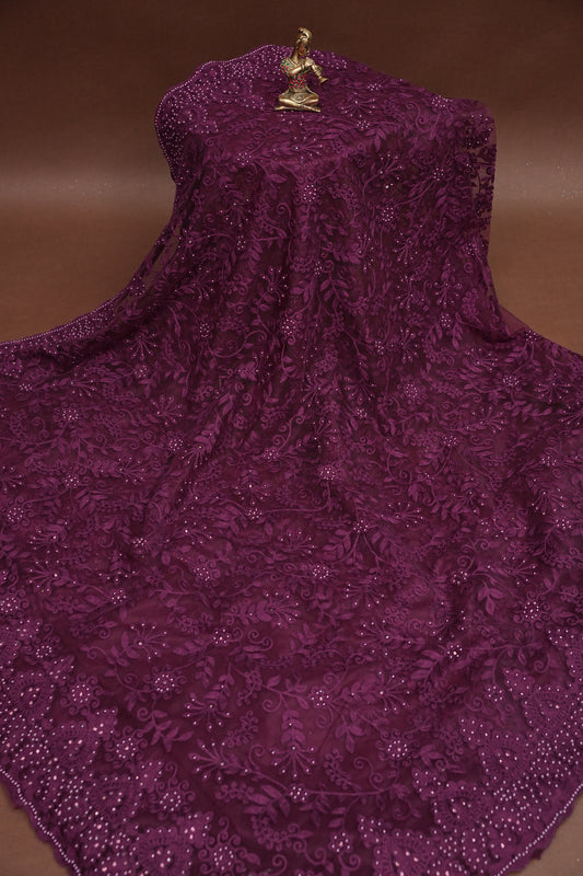 Party Wear Net Saree with Self-Tone Floral Embroidery - Deep Wine