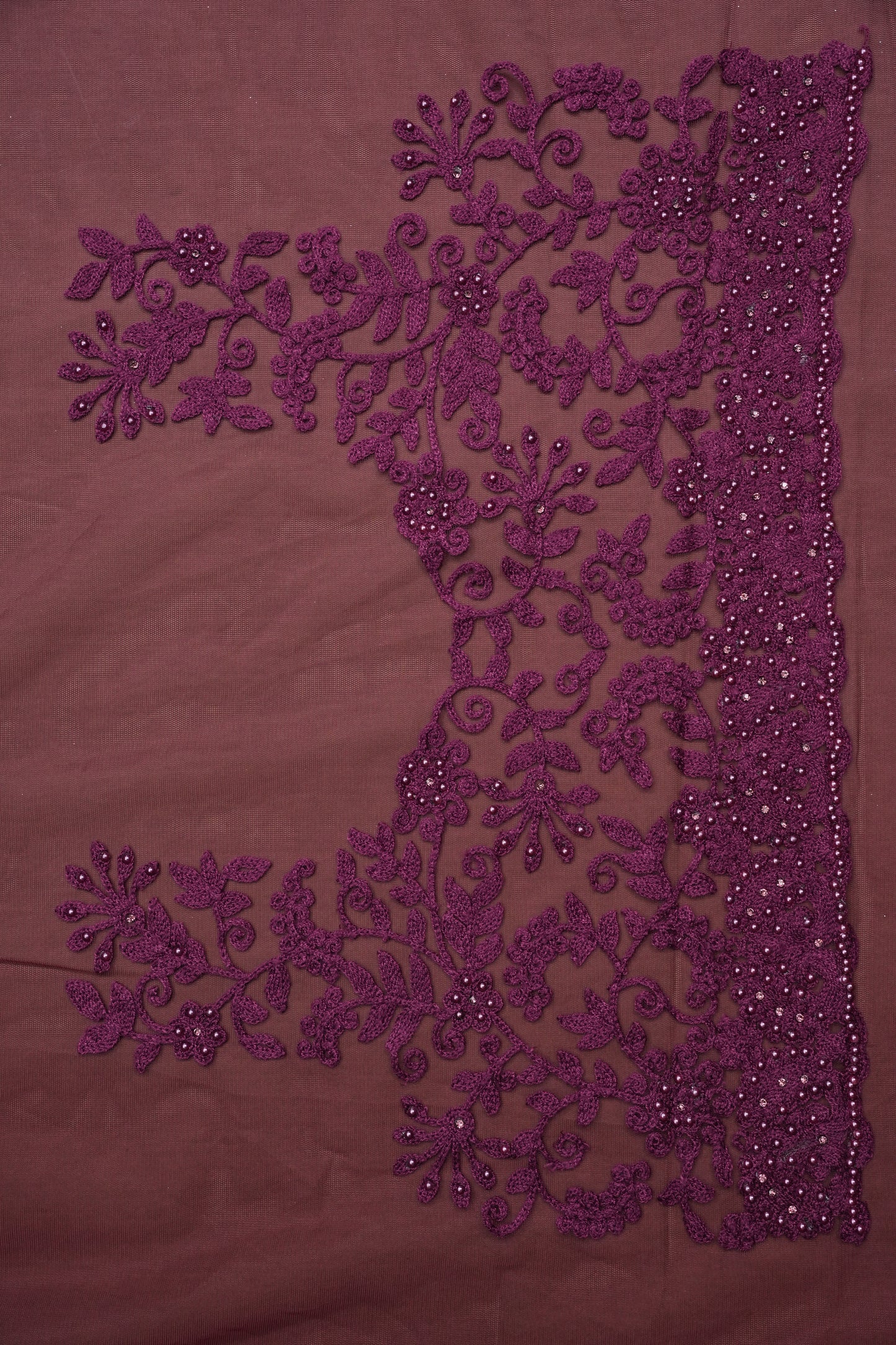 Party Wear Net Saree with Self-Tone Floral Embroidery - Deep Wine
