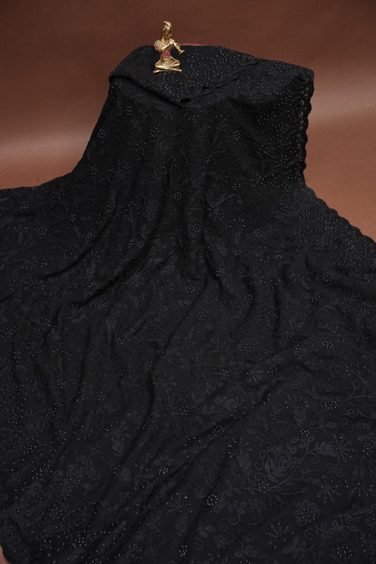 Party Wear Georgette Saree with Self-Tone Embroidery - Black