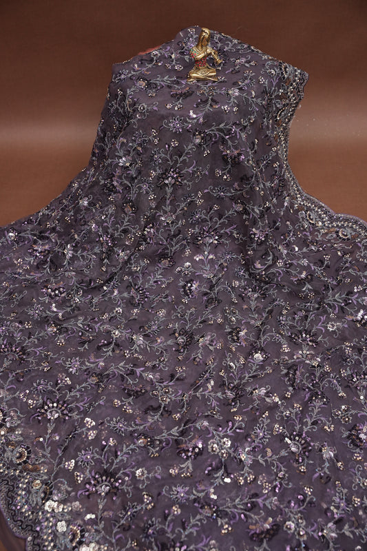 Party Wear Net Saree with Multi-Tone Sequin Embroidery - Purple Grey
