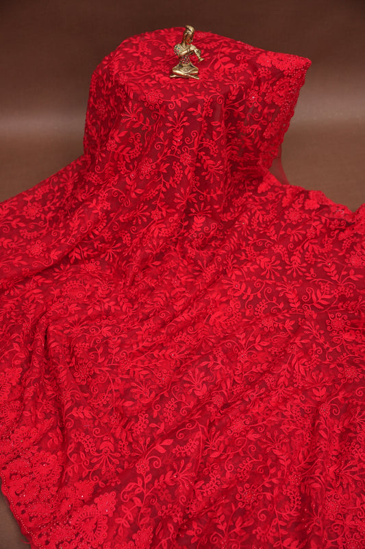 Party Wear Netted Saree with Self-Tone Floral Embroidery - Scarlet Red