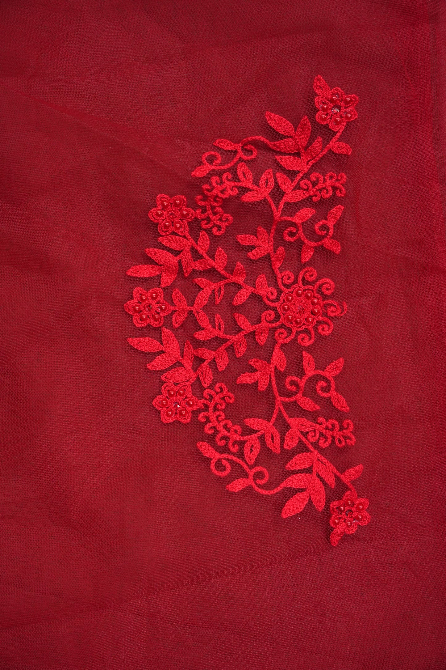 Party Wear Netted Saree with Self-Tone Floral Embroidery - Scarlet Red