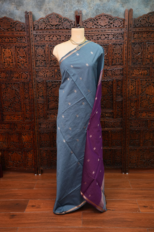Semi Maheshwari Silk Cotton Saree – Dusty Blue & Purple