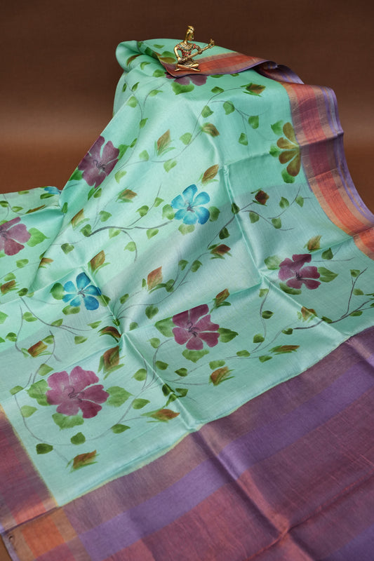Floral Printed Pure Tussar Silk Saree - Sea Green