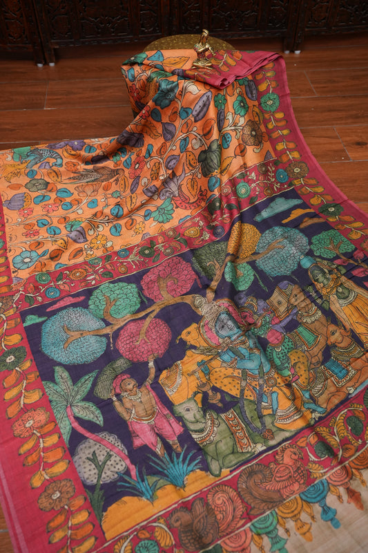 Tussar Saree with Kalamkari Body & Patola-Inspired Pallu – Rust Orange & Deep Purple