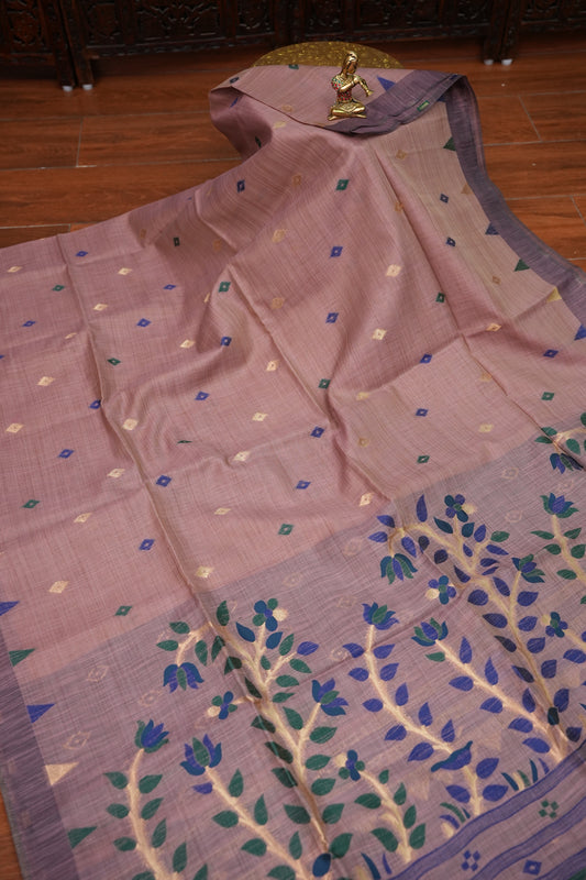 Khaddi Cotton Saree with Jamdani Pallu – Dusty Mauve & Royal Blue