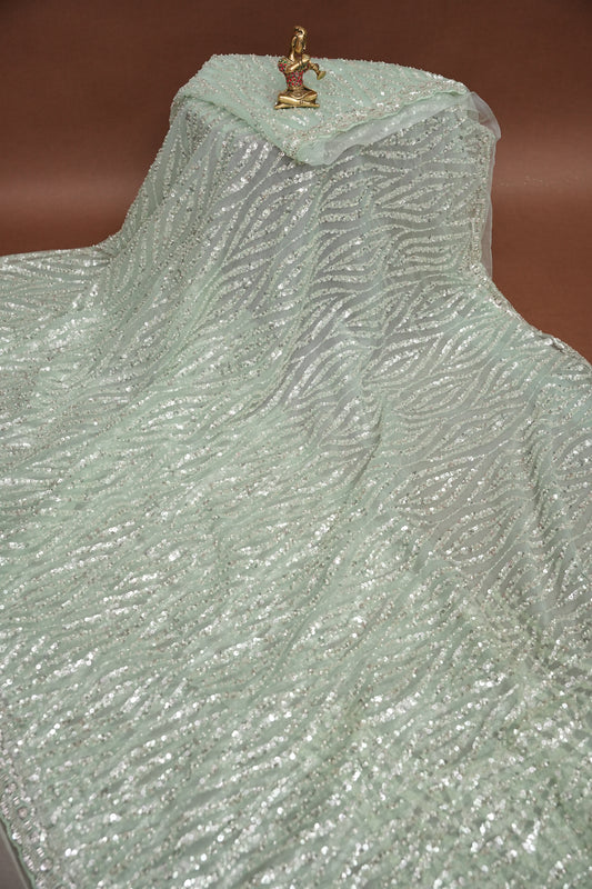 Party Wear Saree with Silver Bead & Sequin Embellishments - Mint Green
