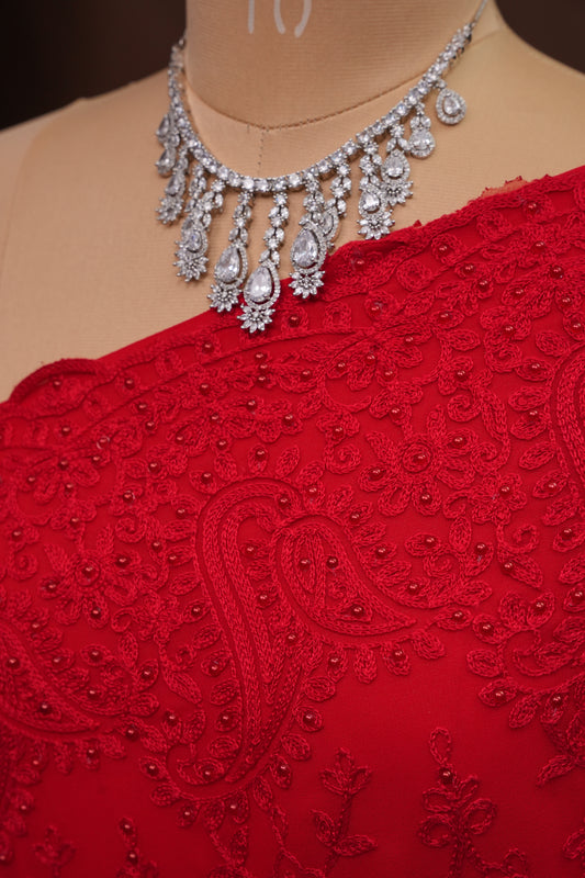 Party Wear Georgette Saree with Tone-on-Tone Embroidery - Scarlet Red