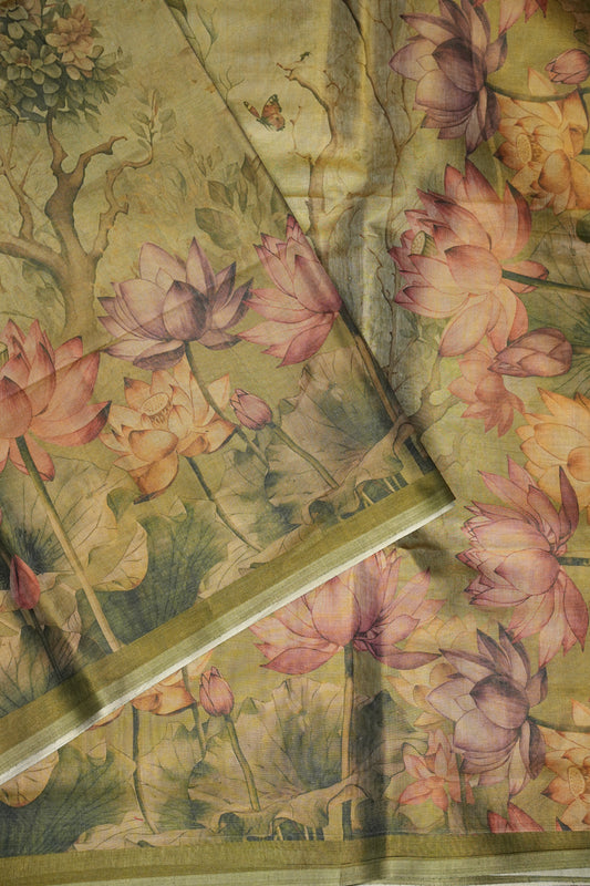 Digital Printed Tissue Raw Silk Saree with Lotus Garden Landscape