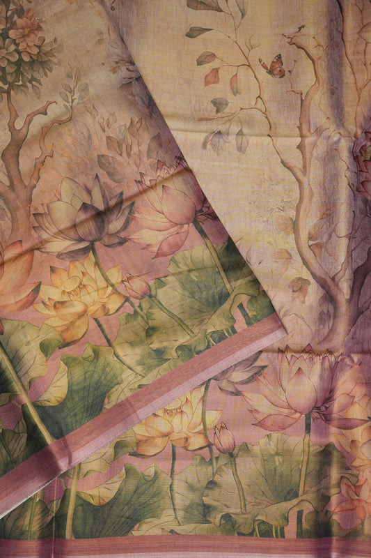 Digital Printed Tissue Raw Silk Saree with Lotus Bloom Landscape