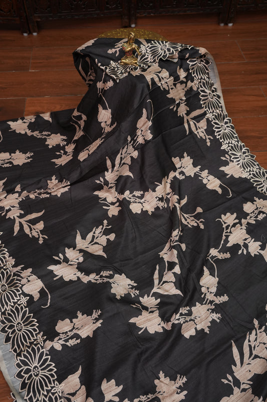 Semi Tussar Saree with Embroidered Floral Borders – Black with Autumn Florals
