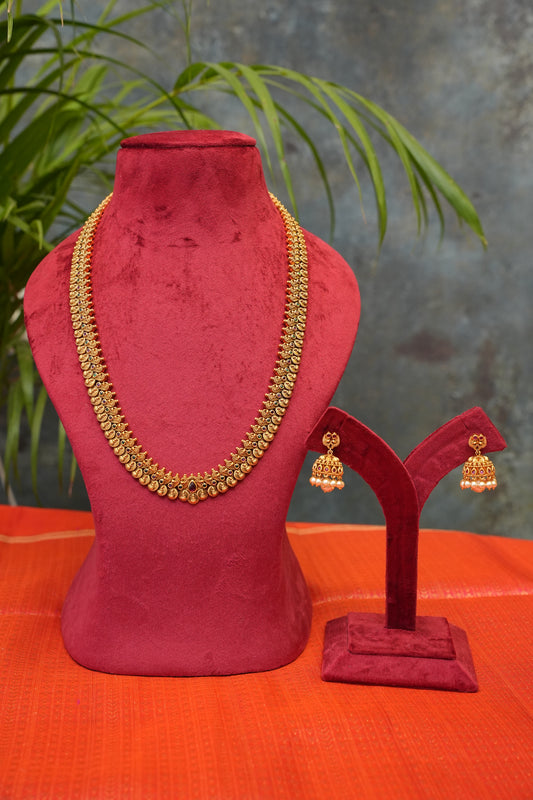 Antique Gold Plated Lakshmi Kaasu Maala Necklace Set with Jhumkas