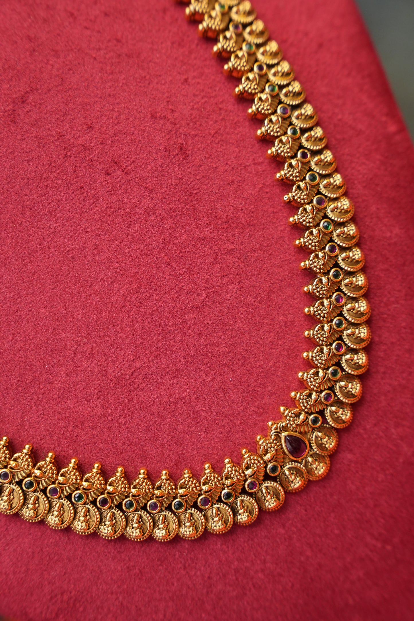 Antique Gold Plated Lakshmi Kaasu Maala Necklace Set with Jhumkas