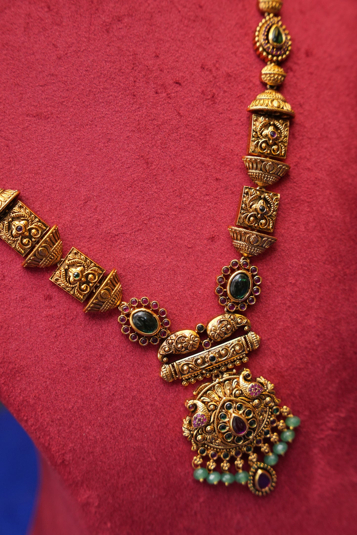 Antique Temple Jewellery Long Haaram with Statement Pendant & Jhumkas