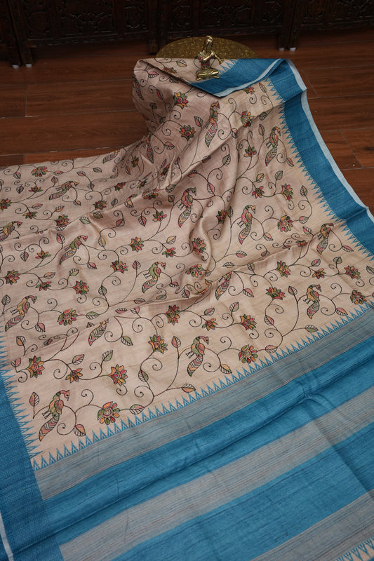 Semi Raw Silk Saree with Embroidered Body & Temple Borders – Beige & Teal Blue